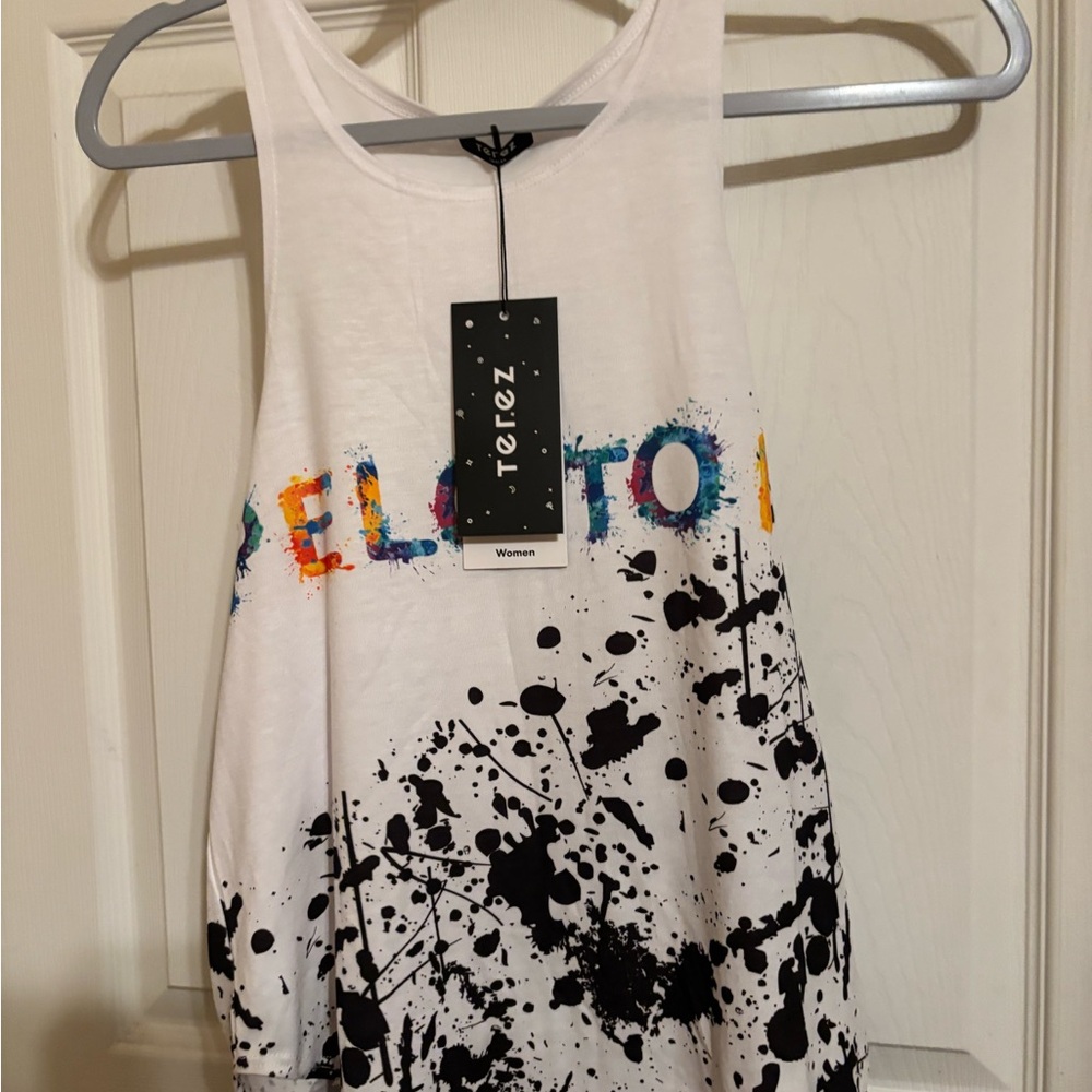 Terez Peloton Workout Women's Multicolor Text and Black Splatter Tank Top